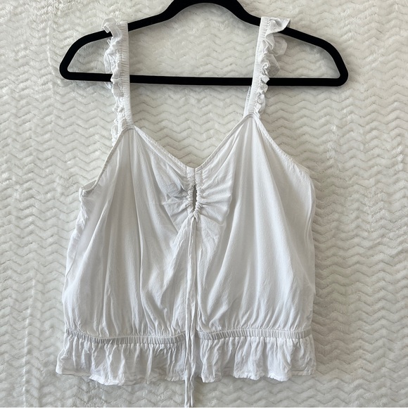 Express Tops - Express Sz M Ruffle Keyhole Scrunch Frilly White Tank Cropped Blouse 100% Rayon